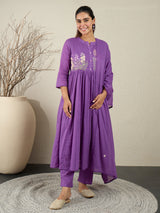 Women's Purple Embroidered Anarkali Kurta Trousers With Dupatta Set