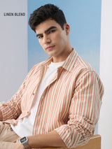 Men's Orange Striped Cotton Linen Shirt
