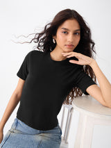 Women's Black Casual Solid Half Sleeves Tshirt