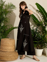 Women's Black Embroidered A-Line Kurta Palazzos Set