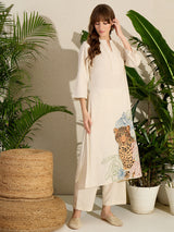 Women's Off White Embroidered Straight Kurta Trouser Set