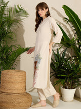 Women's Off White Embroidered Straight Kurta Trouser Set