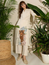 Women's Off White Embroidered Straight Kurta Trouser Set