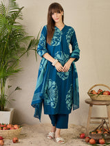 Women's Blue Printed Straight Kurta Trousers With Dupatta Set