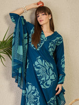 Women's Blue Printed Straight Kurta Trousers With Dupatta Set