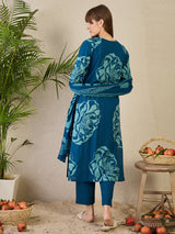 Women's Blue Printed Straight Kurta Trousers With Dupatta Set