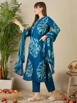 Women's Blue Printed Straight Kurta Trousers With Dupatta Set
