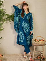 Women's Blue Printed Straight Kurta Trousers With Dupatta Set