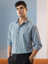 Men's Blue Casual Striped Full Sleeves Shirt