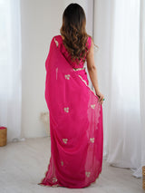 Women's Chinnon Pink Embellished Designer Saree with Blouse Piece