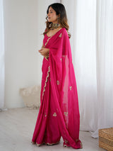 Women's Chinnon Pink Embellished Designer Saree with Blouse Piece