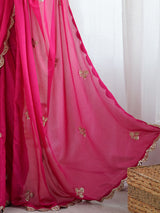 Women's Chinnon Pink Embellished Designer Saree with Blouse Piece
