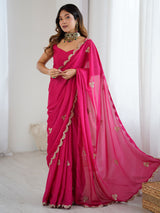 Women's Chinnon Pink Embellished Designer Saree with Blouse Piece