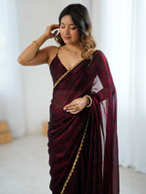 Women's Chiffon Maroon Embellished Designer Saree with Blouse Piece