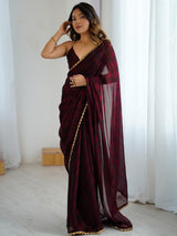 Women's Chiffon Maroon Embellished Designer Saree with Blouse Piece