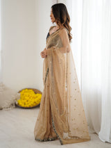 Women's Net Beige Embellished Designer Saree with Blouse Piece