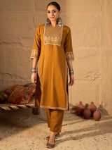 Women's Mustard Printed Straight Kurta Trousers With Dupatta Set