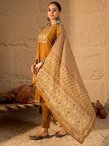 Women's Mustard Printed Straight Kurta Trousers With Dupatta Set