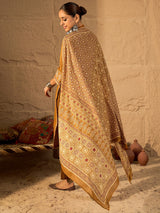 Women's Mustard Printed Straight Kurta Trousers With Dupatta Set