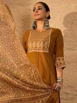Women's Mustard Printed Straight Kurta Trousers With Dupatta Set