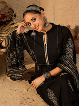 Women's Black Embroidered A-Line Kurta Trousers With Dupatta Set