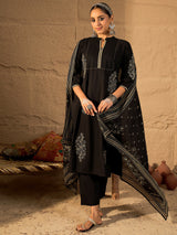 Women's Black Embroidered A-Line Kurta Trousers With Dupatta Set