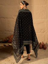 Women's Black Embroidered A-Line Kurta Trousers With Dupatta Set