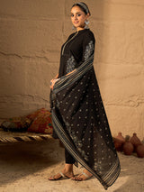 Women's Black Embroidered A-Line Kurta Trousers With Dupatta Set