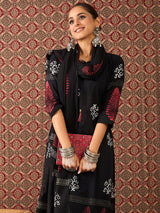 Women's Black Printed Straight Kurta Trouser With Dupatta Set