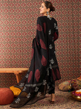 Women's Black Printed Straight Kurta Trouser With Dupatta Set