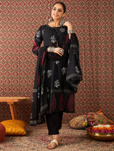 Women's Black Printed Straight Kurta Trouser With Dupatta Set
