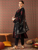 Women's Black Printed Straight Kurta Trouser With Dupatta Set