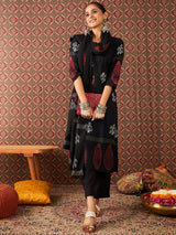 Women's Black Printed Straight Kurta Trouser With Dupatta Set