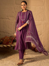 Women's Purple Solid Straight Kurta Trousers With Dupatta Set