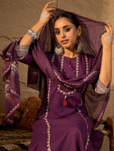 Women's Purple Solid Straight Kurta Trousers With Dupatta Set