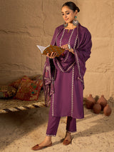Women's Purple Solid Straight Kurta Trousers With Dupatta Set