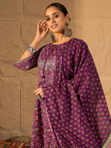 Women's Purple Printed Straight Kurta Trouser With Dupatta Set