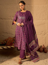 Women's Purple Printed Straight Kurta Trouser With Dupatta Set