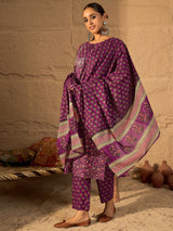 Women's Purple Printed Straight Kurta Trouser With Dupatta Set