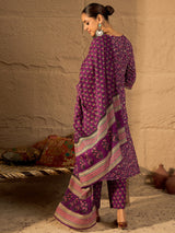 Women's Purple Printed Straight Kurta Trouser With Dupatta Set