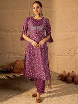 Women's Purple Printed Straight Kurta Trouser With Dupatta Set