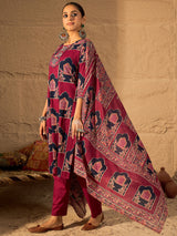 Women's Pink Printed Straight Kurta Trouser With Dupatta set