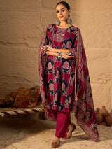 Women's Pink Printed Straight Kurta Trouser With Dupatta set