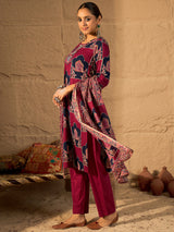 Women's Pink Printed Straight Kurta Trouser With Dupatta set