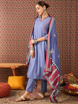 Women's Blue Embroidered A-Line Kurta Trousers With Dupatta Set