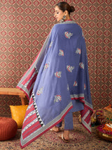 Women's Blue Embroidered A-Line Kurta Trousers With Dupatta Set