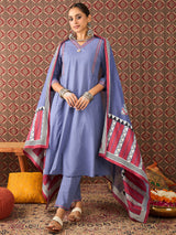 Women's Blue Embroidered A-Line Kurta Trousers With Dupatta Set