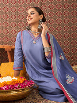 Women's Blue Embroidered A-Line Kurta Trousers With Dupatta Set