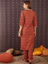 Women's Red Printed Straight Kurta Trouser set