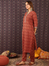 Women's Red Printed Straight Kurta Trouser set